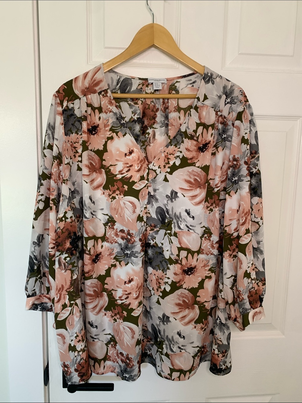 Carolina Belle Floral V-Neck Blouse - Pink & Olive 3X